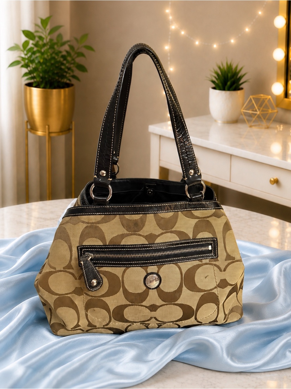 Coach Vintage Signature  Canvas Tote in Brown and Black trim with kiss lock